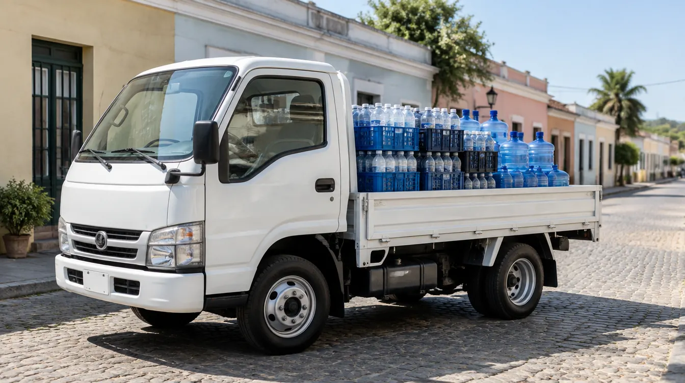 Camión de reparto cargado con bidones y botellas de agua en una calle de pueblo
